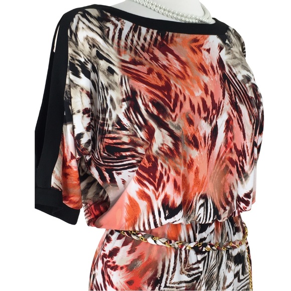 Thalia Sodi Coral Zebra Black Slit Sleeve Cocktail Blouson Midi Dress size Small - Picture 11 of 15